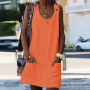2022 Summer New Casual Women's Pocket Button Cotton Linen Strap Dress Round Neck Sleeveless Fashion Loose Beach Culottes