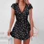 New Floral Print Wrap Summer Dress For Women 2022 Short Sleeve Sexy V Neck High Waist Slim Fit Mini Dresses Sundress Femme