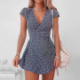 New Floral Print Wrap Summer Dress For Women 2022 Short Sleeve Sexy V Neck High Waist Slim Fit Mini Dresses Sundress Femme