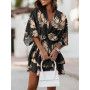 New 2022 Women ShortSleeve V Neck Party Dress Commuter Fashion Print Beach Mini Dress Lady Elegant Lace-up Ruffle Office Dresses