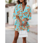 New 2022 Women ShortSleeve V Neck Party Dress Commuter Fashion Print Beach Mini Dress Lady Elegant Lace-up Ruffle Office Dresses