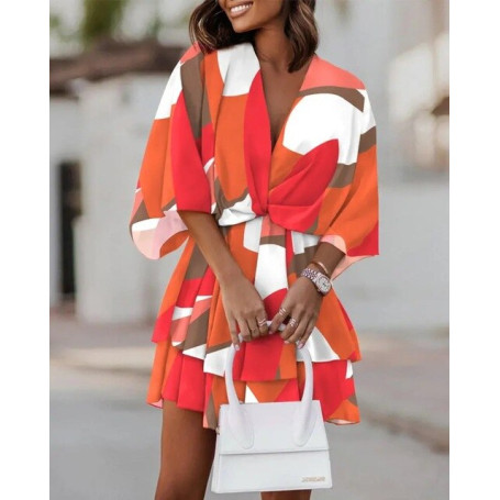 New 2022 Women ShortSleeve V Neck Party Dress Commuter Fashion Print Beach Mini Dress Lady Elegant Lace-up Ruffle Office Dresses