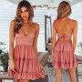 Women Lace Slip Sundress Summer Sexy Backless Sleeveless Strap Lace Up Pleated Mini Party Dress YLX8956