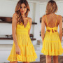 Women Lace Slip Sundress Summer Sexy Backless Sleeveless Strap Lace Up Pleated Mini Party Dress YLX8956