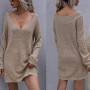 2021 Newly Low-Cut V-Neck Sexy Sweater Long Sleeve Knitwear Pullovers Loose Female Bottoming Off-The-Shoulder Dress Jumper Tops