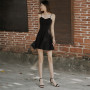 Dress Women Summer Black Condole Belt sexy v neck off shoulder Show Thin Waist Black Dresses Casual Vestidos CHFd1051