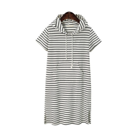 Hoodie Striped Dress Casual Sweatshirt Front Pocket Women Dress Short Sleeve 5XL Fasion Wear Summer