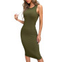 Solid Color Ribbed Summer Stretchy Hip Wrap Midi Dress O-Neck Waist Tight Women Dress Sexy Butt Lifting Women Dress for Party