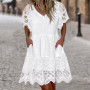 Crochet Embroidery Lace Stitching Mini Dress V-Neck Short Sleeve Side Pockets Summer Dress A-Line Above Knee Women Dress