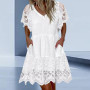 Crochet Embroidery Lace Stitching Mini Dress V-Neck Short Sleeve Side Pockets Summer Dress A-Line Above Knee Women Dress