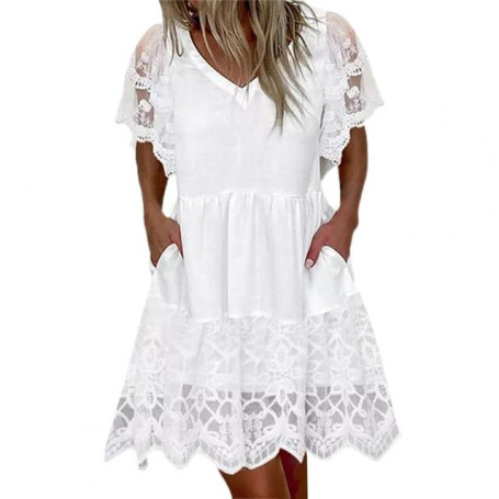 Crochet Embroidery Lace Stitching Mini Dress V-Neck Short Sleeve Side Pockets Summer Dress A-Line Above Knee Women Dress