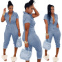 Women's Fashion Casual Short Sleeve Solid Regular Calf-length Jumpsuits with Pockets
