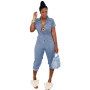 Women's Fashion Casual Short Sleeve Solid Regular Calf-length Jumpsuits with Pockets