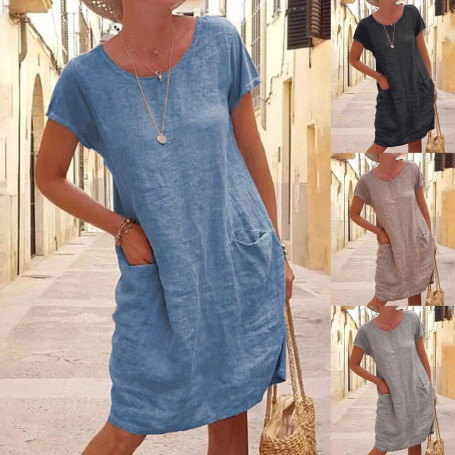 Plus Size 5XL Women Dress Casual Solid Color Short Sleeve O Neck Pockets Loose Cotton Linen Dress Female Summer robe