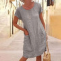 Plus Size 5XL Women Dress Casual Solid Color Short Sleeve O Neck Pockets Loose Cotton Linen Dress Female Summer robe