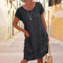 Plus Size 5XL Women Dress Casual Solid Color Short Sleeve O Neck Pockets Loose Cotton Linen Dress Female Summer robe