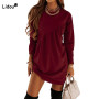 2022 New Fashion Autumn Winter Women's Clothing Solid Color Round Neck Long Sleeve Loose Waist Pullover Irregular Short Dresses