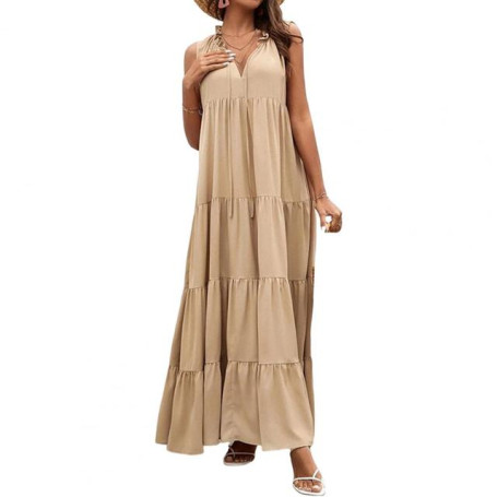 Casual Dress Women Ruffle Collar V-Neck Sleeveless Summer Dress Stitching Pleated Large Hem Women Maxi Dress Female Clothes