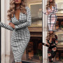 Autumn Winter Sexy Long Sleeve V-Neck Houndstooth Print Dress Women2021Harajuku Plus Size Vestido Midi Bodycon Dresses For Women