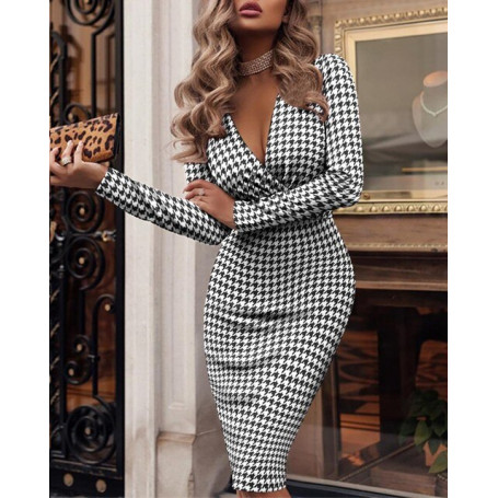 Autumn Winter Sexy Long Sleeve V-Neck Houndstooth Print Dress Women2021Harajuku Plus Size Vestido Midi Bodycon Dresses For Women