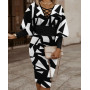 Autumn Fashion Printed Lantern Sleeve Dress Women Office Ladies Elegant V-Neck Long Sleeve Slim Dress Women