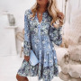 Spring Ruffle Women Party Dress Loose V Neck Beach Pullover Dress 2022 Casual Elegant Retro Floral Print Flare Sleeve Mini Dress