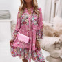 Spring Ruffle Women Party Dress Loose V Neck Beach Pullover Dress 2022 Casual Elegant Retro Floral Print Flare Sleeve Mini Dress