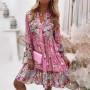 Spring Ruffle Women Party Dress Loose V Neck Beach Pullover Dress 2022 Casual Elegant Retro Floral Print Flare Sleeve Mini Dress