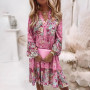 Spring Ruffle Women Party Dress Loose V Neck Beach Pullover Dress 2022 Casual Elegant Retro Floral Print Flare Sleeve Mini Dress