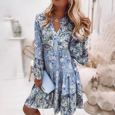 Spring Ruffle Women Party Dress Loose V Neck Beach Pullover Dress 2022 Casual Elegant Retro Floral Print Flare Sleeve Mini Dress