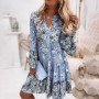 Spring Ruffle Women Party Dress Loose V Neck Beach Pullover Dress 2022 Casual Elegant Retro Floral Print Flare Sleeve Mini Dress