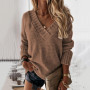 ZNU Women Sweater 2022 Fashion Stripe Loose Knitting Sweaters Vintage V -neck Long Sleeve Asymmetry Female Pullover Tops