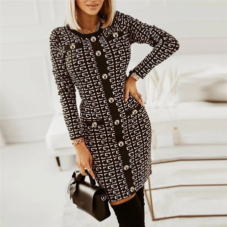 Vintage Elegant Fashion Graphic Print Button Chic Sexy Bodycon Party Ladies Dresses Casual Long Sleeve Mini Dress Women Vestidos