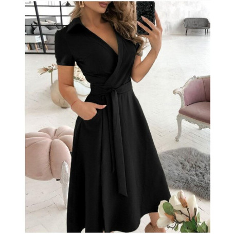 Women's Pocket  Midi Dress Casual Female Turn Down Collar Short Sleeve Tunic Wrap Dresses