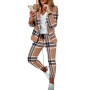 spring Women Plaid Print Blazer Coat & Drawstring Pants Sets  Pocket Design Jacket & Trousers  Office Lady Outfits