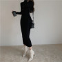 Vintage V Neck Sweater Dresses for Women  Korean Elegant Long Sleeve Button Bodycon Midi Knitted Dress Fall Winter Clothes
