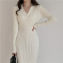 Vintage V Neck Sweater Dresses for Women  Korean Elegant Long Sleeve Button Bodycon Midi Knitted Dress Fall Winter Clothes