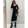 Korean Elegant Sweater Dresses for Women 2022 Sexy V Neck Long Sleeve Elastic Bodycon Midi Knitted Dress Autumn Winter Clothes