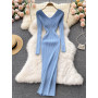 Korean Elegant Sweater Dresses for Women 2022 Sexy V Neck Long Sleeve Elastic Bodycon Midi Knitted Dress Autumn Winter Clothes