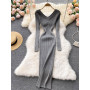 Korean Elegant Sweater Dresses for Women 2022 Sexy V Neck Long Sleeve Elastic Bodycon Midi Knitted Dress Autumn Winter Clothes