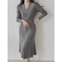 Elegant Sweater Dress for Women Sexy V-neck Long Sleeve Ruched Bodycon Midi Dress Ladies Chic Autumn Knitted Casual Vestido