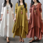 Women Cotton Linen Asymmetric Large Swing Button Loose Long Sleeve Maxi Dress Summer hot solid loose maxi dress