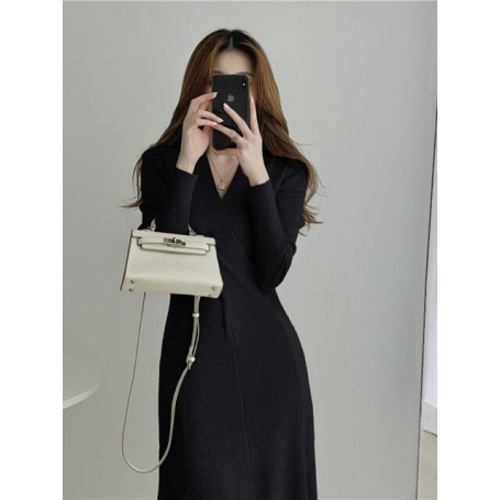 Elegant Sweater Dress for Women Sexy V-neck Long Sleeve Ruched Bodycon Midi Dress Ladies Chic Autumn Knitted Casual Vestido