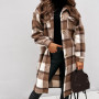 Classic Women Coat  Turn-Down Collar Autumn Winter Woolen Coat  Plaid Print Warm Woolen Overcoat