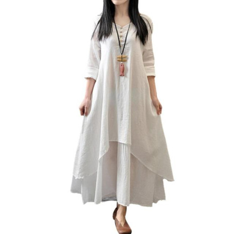 Women Cotton Linen Asymmetric Large Swing Button Loose Long Sleeve Maxi Dress Summer hot solid loose maxi dress