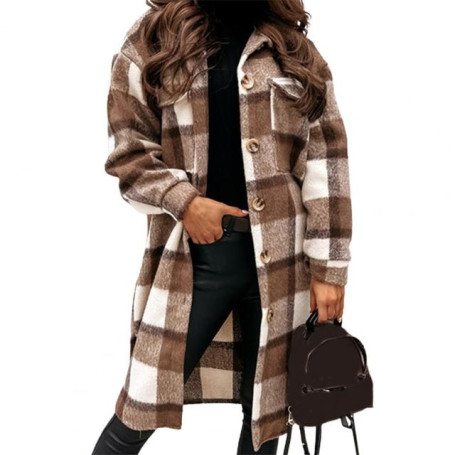 Classic Women Coat  Turn-Down Collar Autumn Winter Woolen Coat  Plaid Print Warm Woolen Overcoat