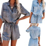 Women Denim Short Jumpsuits and Rompers Long Sleeve Button Shirts Playsuits Ladies Casual Elastic Waist Bandage Jeans Jumpsuit