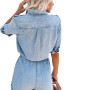 Women Denim Short Jumpsuits and Rompers Long Sleeve Button Shirts Playsuits Ladies Casual Elastic Waist Bandage Jeans Jumpsuit