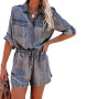 Women Denim Short Jumpsuits and Rompers Long Sleeve Button Shirts Playsuits Ladies Casual Elastic Waist Bandage Jeans Jumpsuit