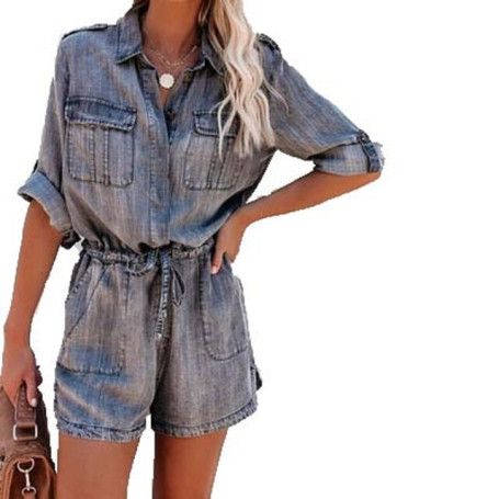 Women Denim Short Jumpsuits and Rompers Long Sleeve Button Shirts Playsuits Ladies Casual Elastic Waist Bandage Jeans Jumpsuit